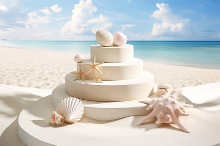 Seashell-adorned stone podiums create a summery backdrop for presenting cosmetics or showcasing products.の素材