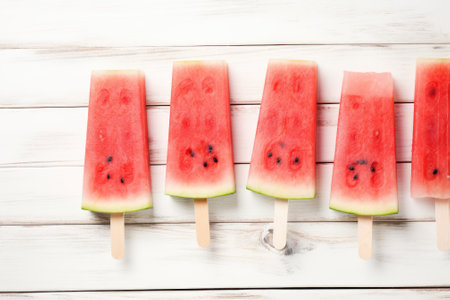 Watermelon slices are attached to sticks. The image is captured from a top-down perspective and there is ample space for adding text or other elements.の素材