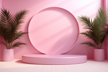 This is a description of a studio background in an abstract pink color gradient that is suitable for presenting products. The room is empty and has shadows of a window, as well as flowers and palm leaves. The room is designed in a 3D style and has ample space for adding text or images. The backdrop is blurred, giving it a summery concert feel.の素材