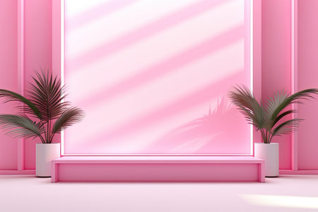 This is a description of a studio background in an abstract pink color gradient that is suitable for presenting products. The room is empty and has shadows of a window, as well as flowers and palm leaves. The room is designed in a 3D style and has ample space for adding text or images. The backdrop is blurred, giving it a summery concert feel.の素材