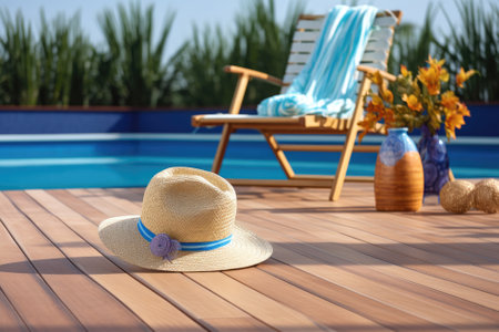 There is a flat arrangement of beach accessories placed on a wooden deck next to a swimming pool. There is open space available for adding text.の素材