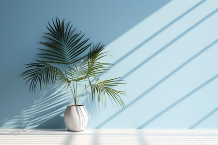 The faint silhouette created by the palm leaves casts a hazy shadow on the light blue wall. This simplistic and abstract backdrop is perfect for showcasing products, evoking a sense of spring and summer.の素材