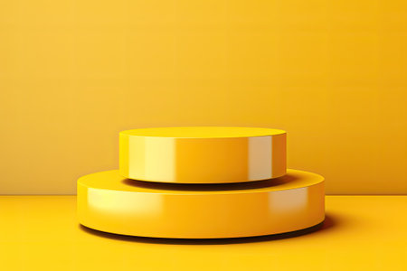 This is a 3D minimalistic double podium display consisting of two abstract blank cylinder podiums. They are presented on a yellow background and are meant to be used for product presentations and exhibitions. The image is a 3D rendering illustration.の素材