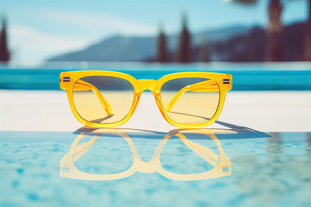 The image shows a pair of yellow glasses positioned on the white edge of a pool, with a backdrop of bluish water. It represents the idea of vacation and the summertime.の素材