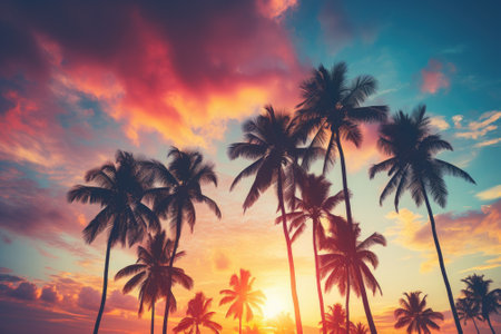 Vintage tone filter effect color style gives an abstract background of a sunset sky with clouds, where a tropical palm tree silhouette stands against the sunlight. This image represents the concept of a summer vacation and the adventures one can have while exploring nature.の素材