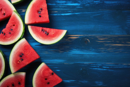 Watermelon slices frozen on a wooden background with a blue, rustic aesthetic.の素材