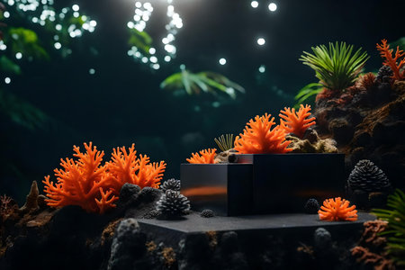 natural cubic black plastic podium scenery with orange corals in the tropical forestの素材