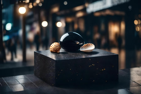 natural cubic black stone cosmetic podium scenery with seashell in the streetの素材