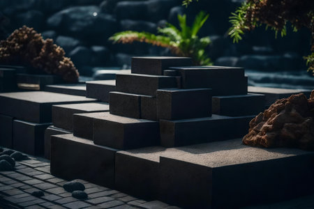 natural cubic black rock cosmetic podium scenery with stony corals in the streetの素材