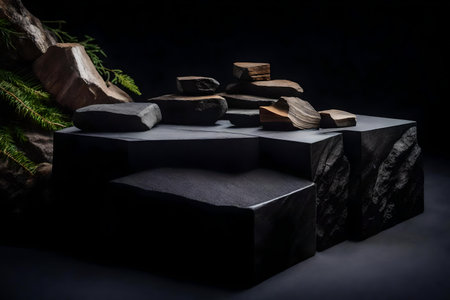 natural cubic black wood rock cosmetic podium scenery with quartzite in the photo studioの素材