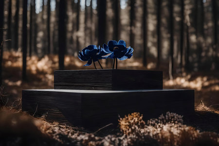 natural cubic black wood wooden podium scenery with dried anemone flower in the forestの素材