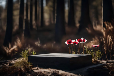 natural cubic black wood wooden podium scenery with dried anemone flower in the forestの素材