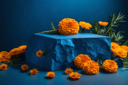 natural cubic blue rock cosmetic podium scenery with marigold flower in the photo studioの素材
