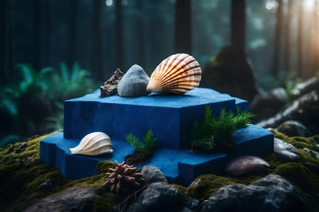 natural cubic blue rock podium scenery with seashell in the forestの素材