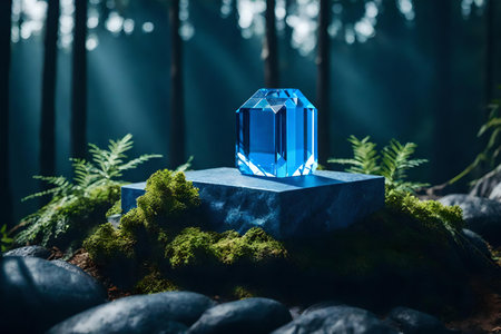 natural cubic blue stone cosmetic podium composition with quartz in the forestの素材