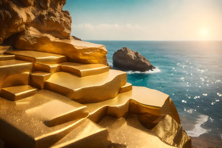 natural cubic golden rock cosmetic podium background with iris by the seaの素材