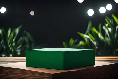 natural cubic green wooden podium background with diamond in the photo studioの素材