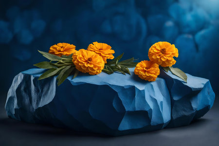 natural cubic blue rock cosmetic podium scenery with marigold flower in the photo studioの素材
