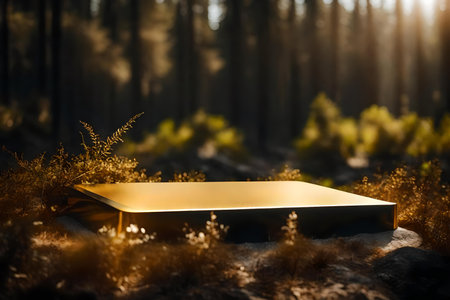 natural cubic golden plastic podium scenery with black desert in the forestの素材
