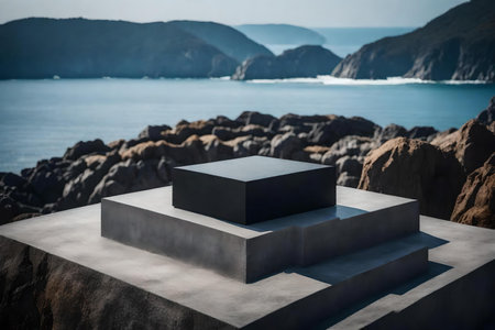 natural cubic black rock podium scenery with concrete by the seaの素材