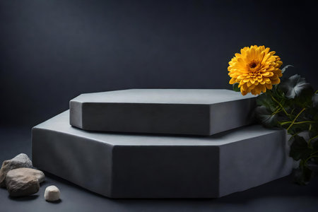 natural cubic grey rock podium background with chrysanthemum in the photo studioの素材