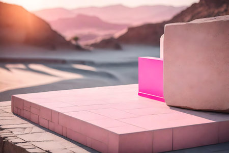 natural cubic grey stone cosmetic podium background with pink desert in the streetの素材