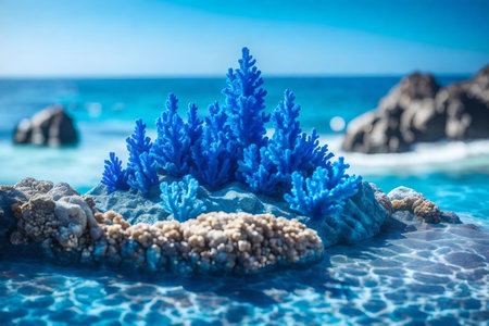 natural cubic iridescent rock podium composition with blue corals by the seaの素材