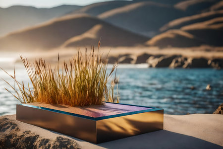 natural cubic iridescent plastic podium scenery with dried iris by the seaの素材