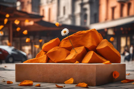 natural cubic orange rock cosmetic podium background with dried daisy in the streetの素材