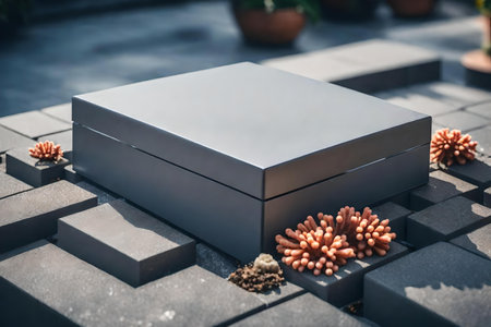 natural cubic grey plastic cosmetic podium background with stony corals in the streetの素材