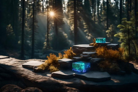 natural cubic iridescent rock cosmetic podium background with black desert in the forestの素材