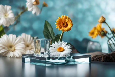 natural cubic glass rock cosmetic podium composition with daisy in the photo studioの素材