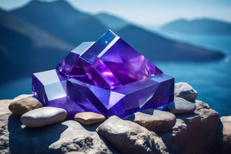 natural cubic iridescent rock cosmetic podium composition with amethyst by the seaの素材