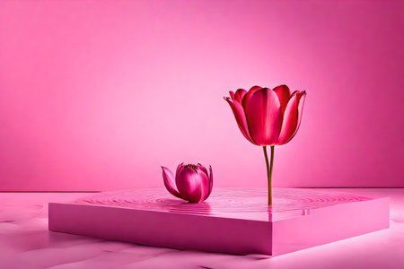 natural cubic pink plastic podium background with dried tulip by the wavy oceanの素材