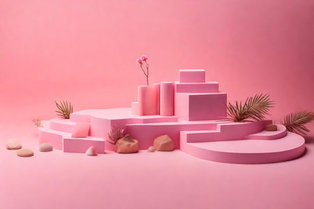 natural cubic pink plastic cosmetic podium scenery with desert in the photo studioの素材