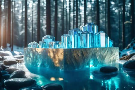 natural cubic iridescent stone cosmetic podium background with crystal ice in the forestの素材