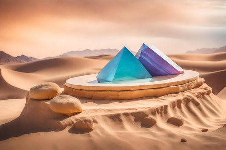 natural cubic iridescent stone cosmetic podium composition with desert in the photo studioの素材