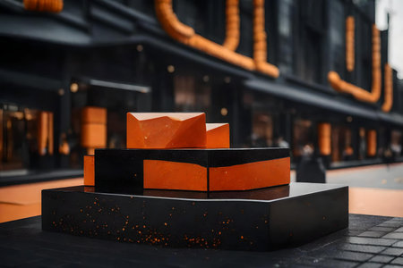 natural cubic orange stone cosmetic podium scenery with black tourmaline in the streetの素材