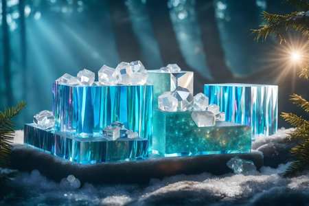 natural cubic iridescent stone cosmetic podium background with crystal ice in the forestの素材