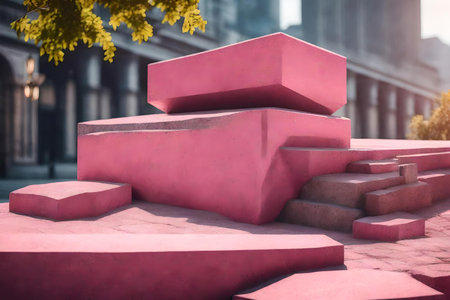 natural cubic pink rock podium scenery with granite in the streetの素材