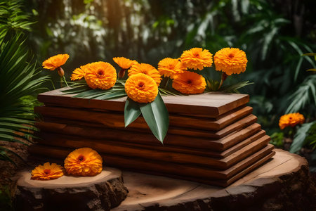 natural cubic wood stone cosmetic podium background with marigold flower in the tropical forestの素材