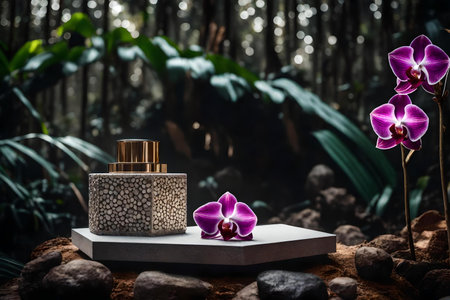 natural cubic stone cosmetic podium background with dried orchid in the tropical forestの素材