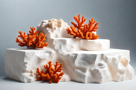 natural cubic white rock podium composition with orange corals in the photo studioの素材