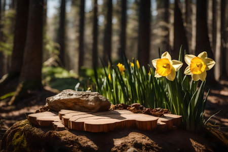 natural cubic wood rock cosmetic podium composition with daffodil in the forestの素材