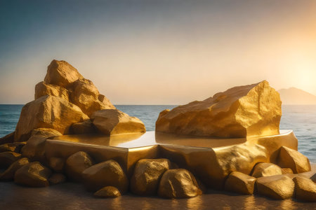 natural cubic golden rock cosmetic podium background with iris by the seaの素材