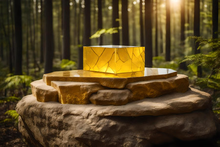 natural cubic yellow stone cosmetic podium composition with tinted glass in the forestの素材