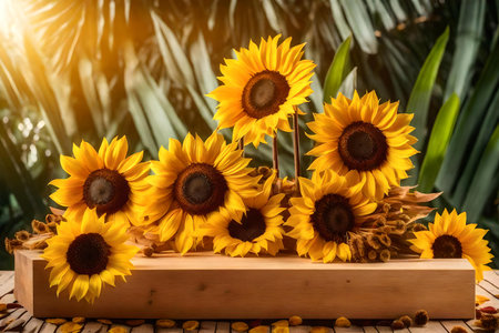 natural cubic yellow wooden cosmetic podium background with dried sunflowers in the tropical forestの素材