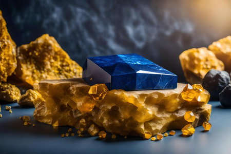 natural cubic yellow stone cosmetic podium background with azurite in the photo studioの素材