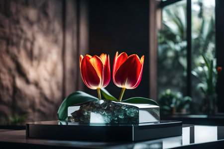 natural flat tinted glass stone podium background with tulip in the photo studioの素材