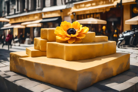natural cubic yellow stone cosmetic podium scenery with anemone flower in the streetの素材